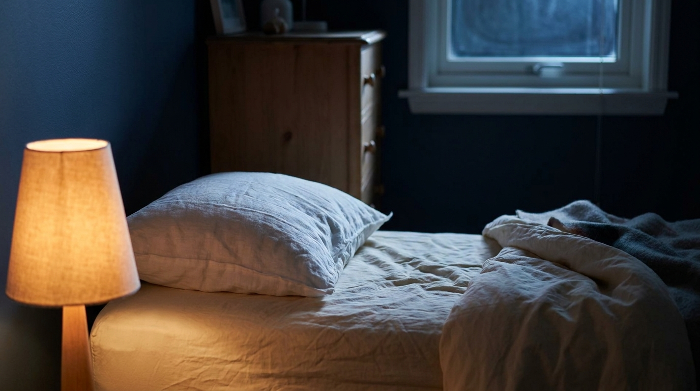 Quarto infantil à noite, com travesseiro na cama e abajur aceso ao lado
