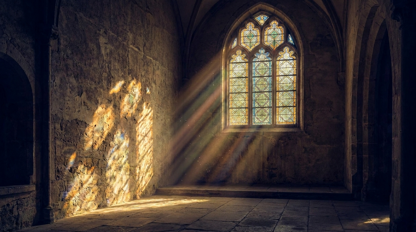 Luz de vitral atravessando parede de pedra de igreja antiga