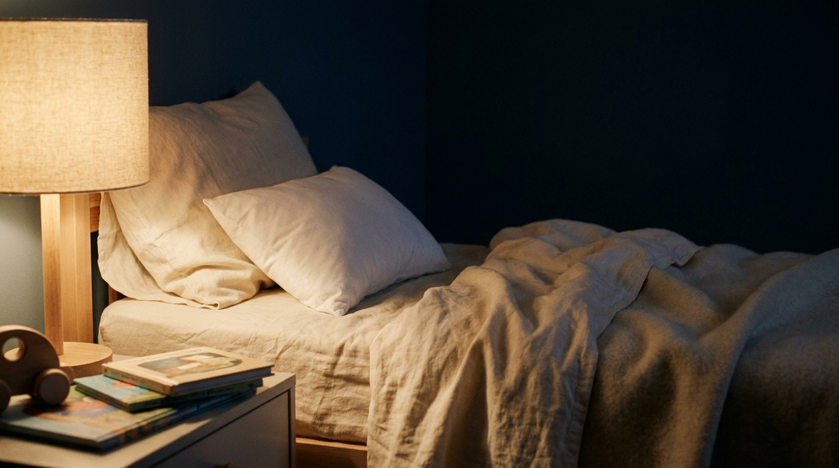 Travesseiro branco em cama infantil com luz quente de abajur
