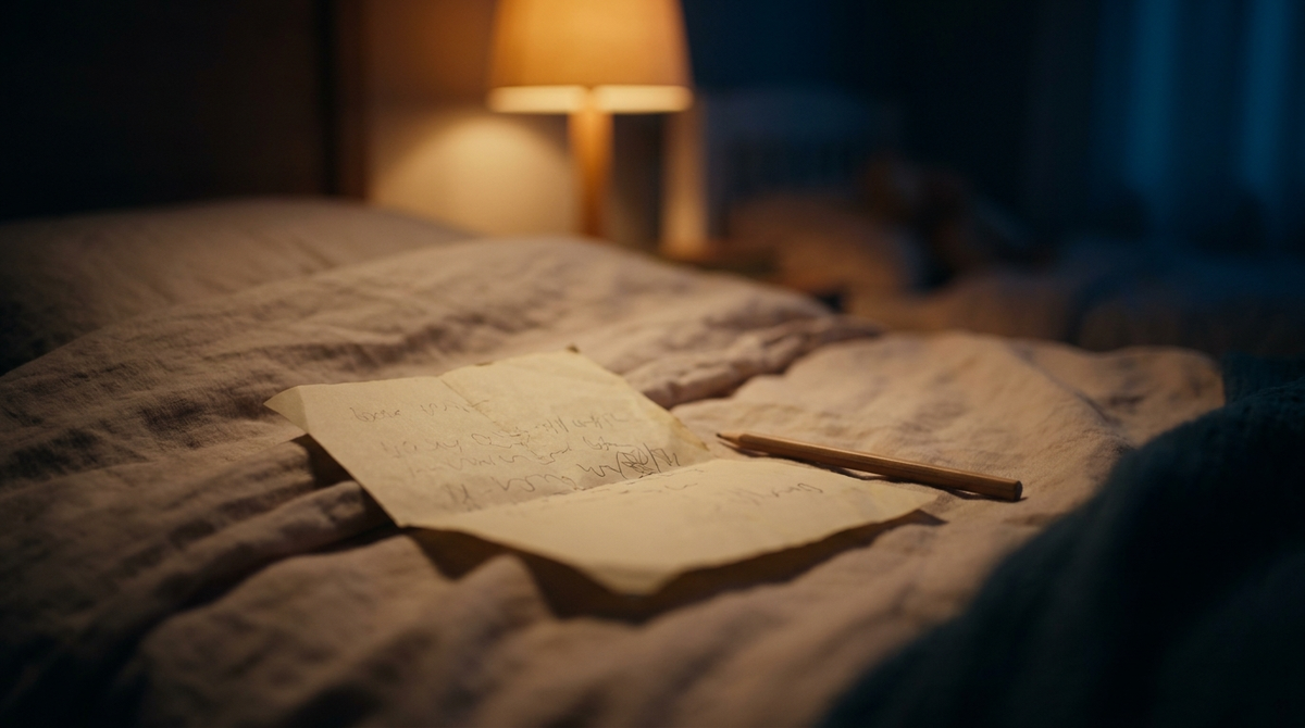 Bilhete em papel cru com lápis ao lado, sobre cama infantil com luz de abajur