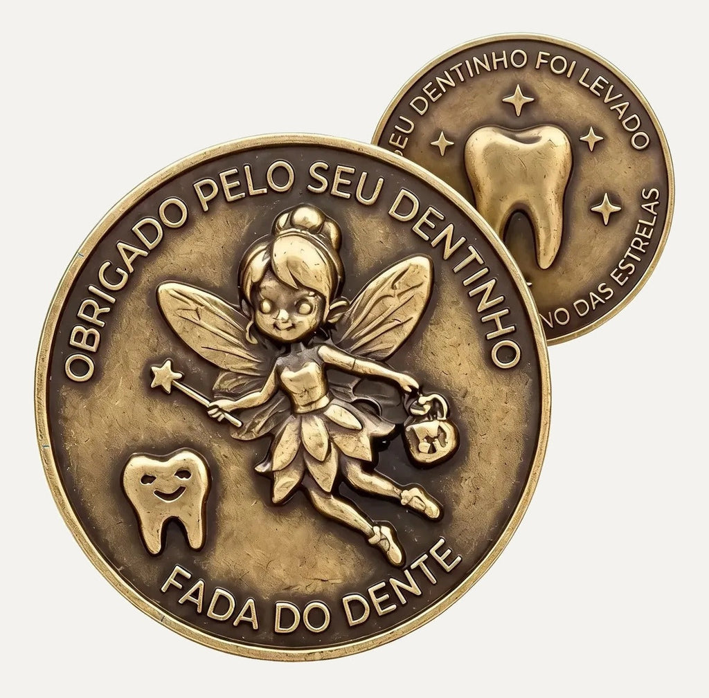 Moeda da fada do dente de leite em metal, frente e verso