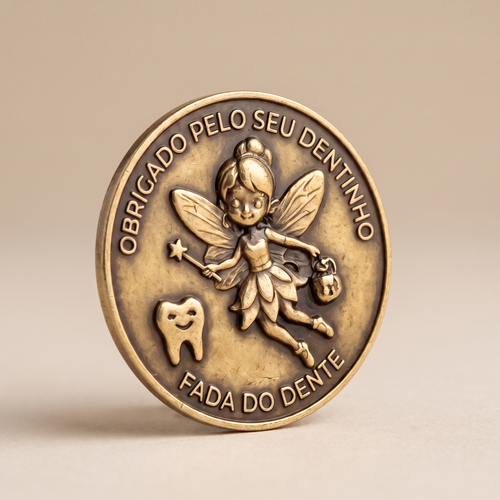 Moeda da fada do dente em bronze envelhecido, vista em ângulo