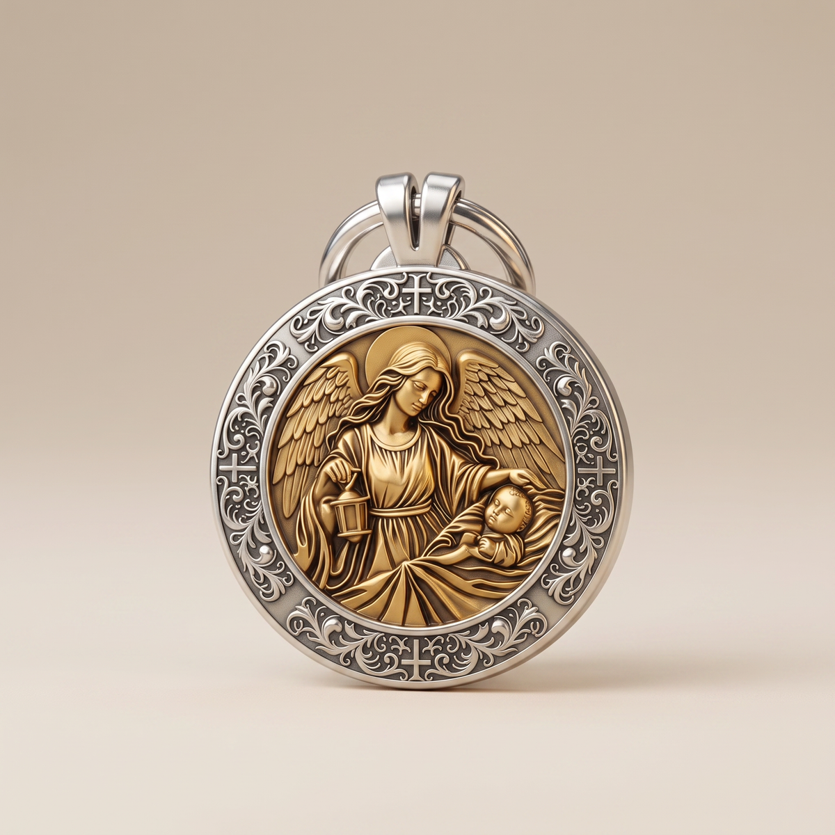 Medalhão de berço Anjo da Guarda em metal prateado com relevo dourado, vista em ângulo