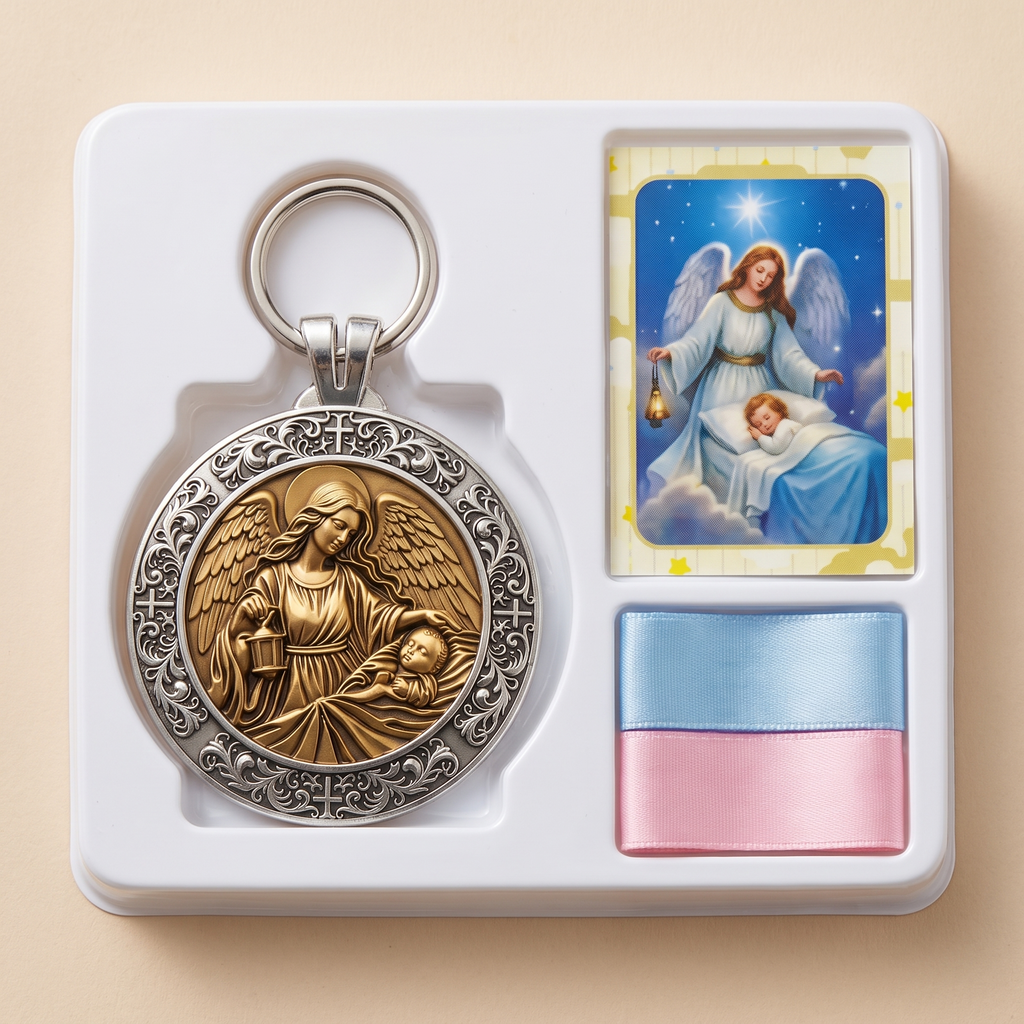Interior da embalagem: medalhão, santinho e fitas azul e rosa na bandeja