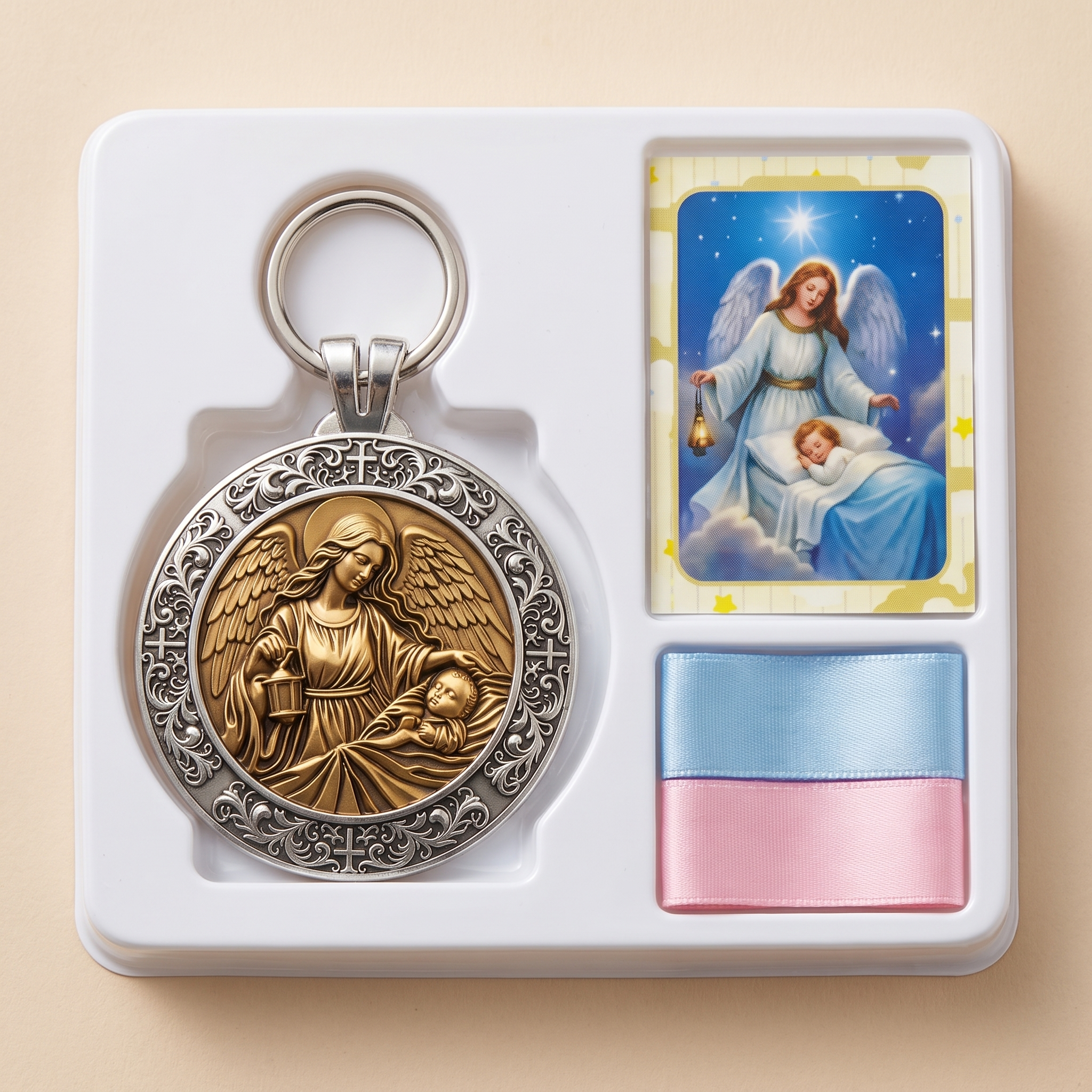 Interior da embalagem: medalhão, santinho e fitas azul e rosa na bandeja