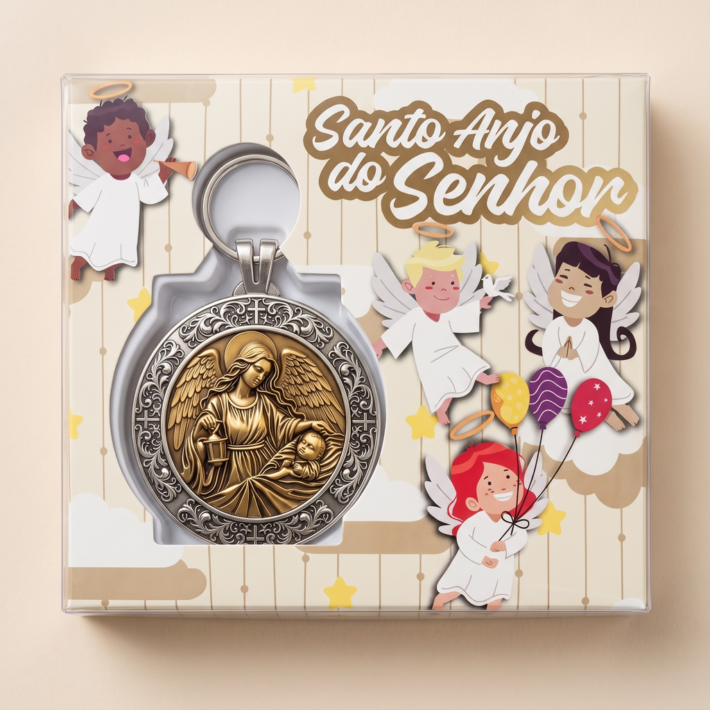 Medalhão de berço Anjo da Guarda na embalagem lacrada Santo Anjo do Senhor