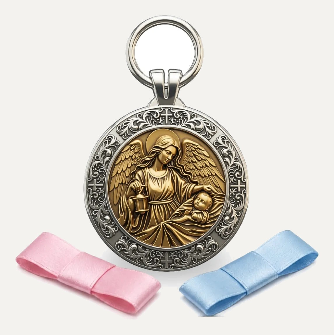 Medalhão de berço Anjo da Guarda em metal, com fitas rosa e azul